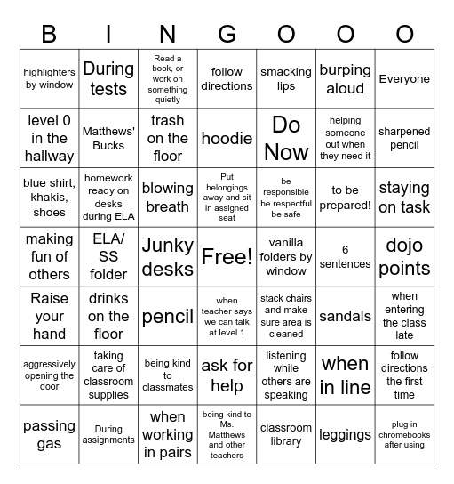 Classroom Expectations and Standards Bingo Card