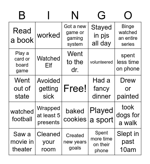 Post Winter Break Bingo Card