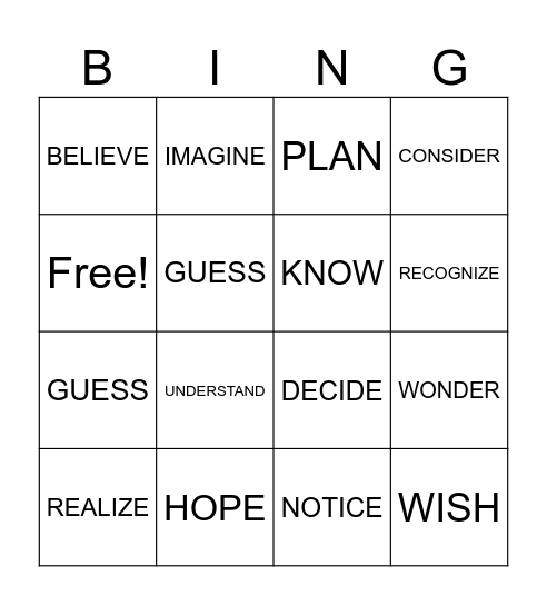 THINKING VERBS Bingo Card