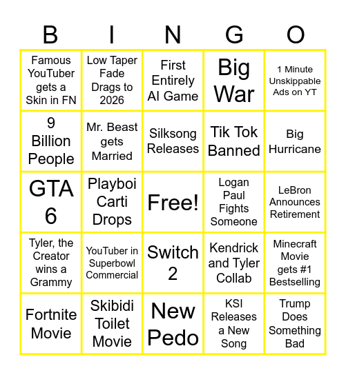 2025 Predictions Bingo Card