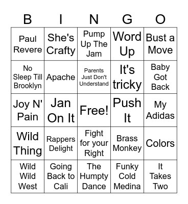 80s Hip Hop/Rap Bingo Card