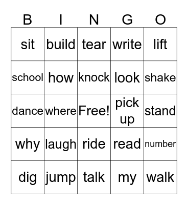 Question Words/Actions Words/Basics Bingo Card