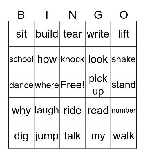 Question Words/Actions Words/Basics Bingo Card