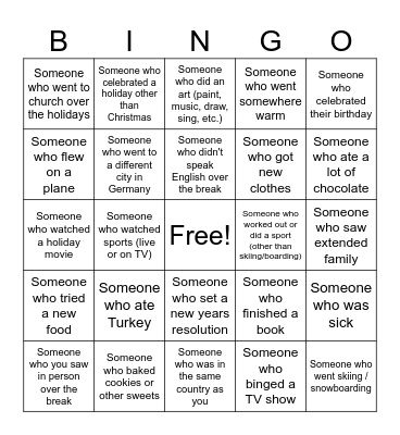 Holiday Break Bingo Card