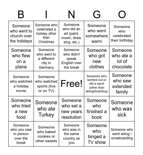 Holiday Break Bingo Card