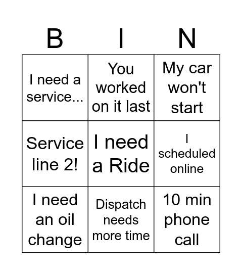 Service Bingo Card