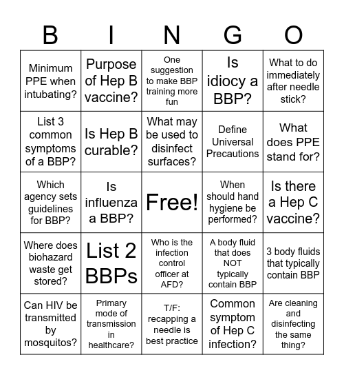 Blood Borne Pathogens Bingo Card