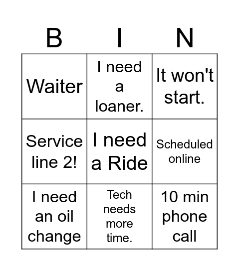 Service Bingo Card