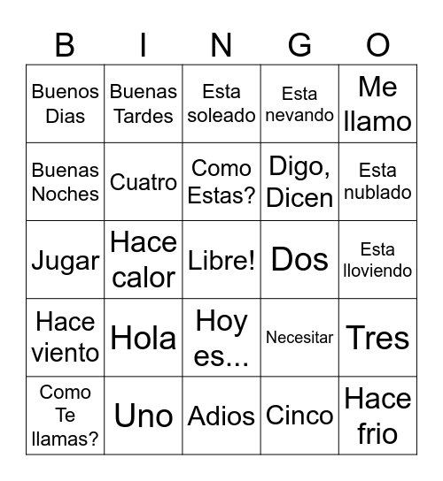 Spanish Review Bingo Card