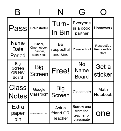 Classroom Expectations BINGO Card