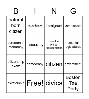 Citizenship, Forms of Government, and the Revolution Bingo Card