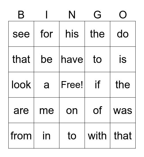 Grade One Bingo Card
