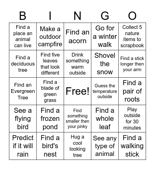 Winter Nature Bingo Card