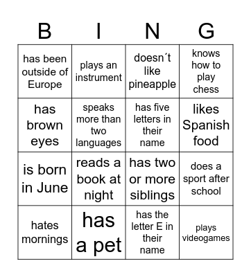 Lära känna bingo klass 6 Bingo Card