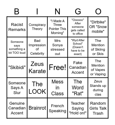 Fort Kent VRMS/CHS Bingo (Rules: If You Or A Friend Who Knows About The Bingo Does One Of These Things, It Would NOT count.) Bingo Card