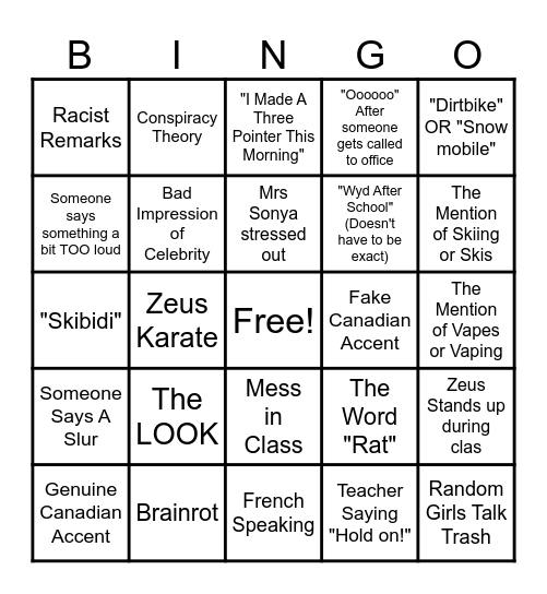 Fort Kent VRMS/CHS Bingo (Rules: If You Or A Friend Who Knows About The Bingo Does One Of These Things, It Would NOT count.) Bingo Card