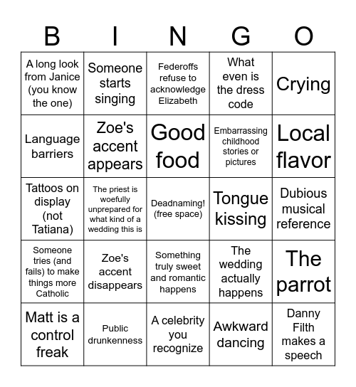 Wedding of Filth Bingo Card