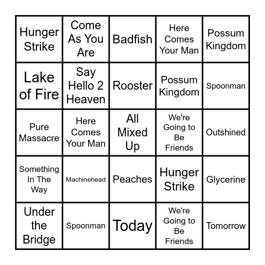 Music Bingo 1 Grunge Bingo Card