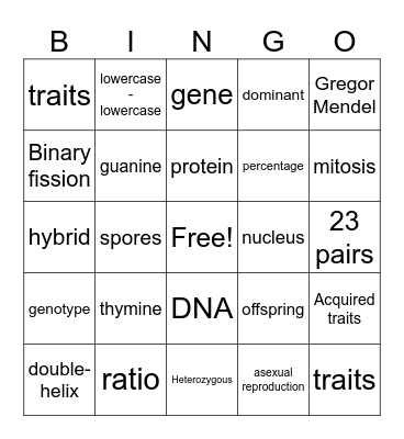 Genetics Vocabulary Bingo Card