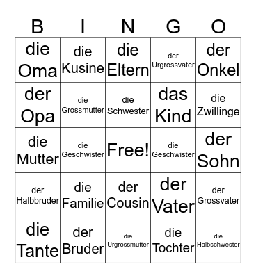 Family Members Bingo Card