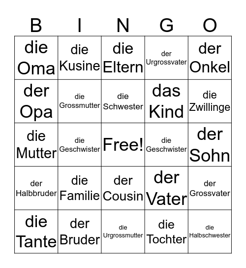 Family Members Bingo Card