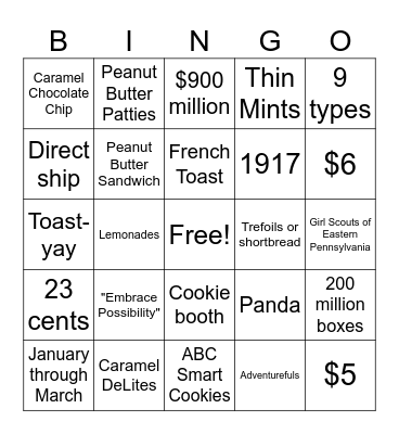 Girl Scout Cookies Bingo Card