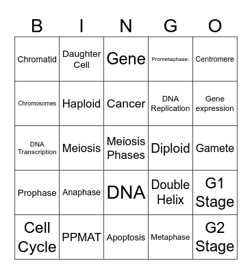 DNA & CELL CYCLE VOCABULARY BINGO Card