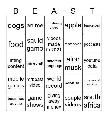 mrbeast's intrest Bingo Card
