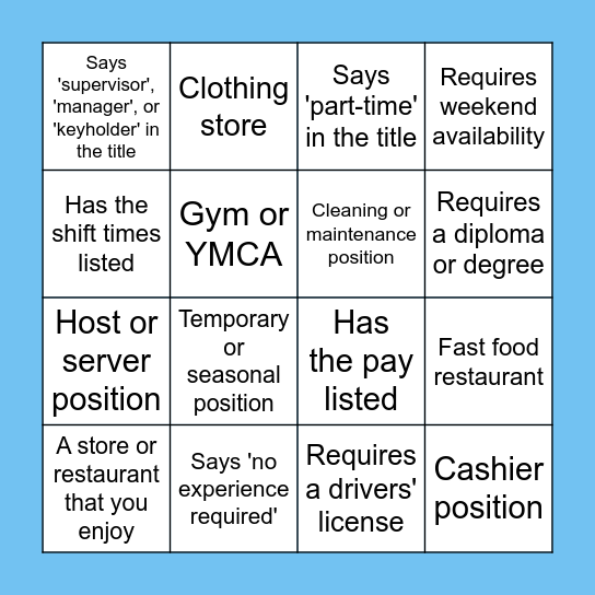 Job Board Bingo Card
