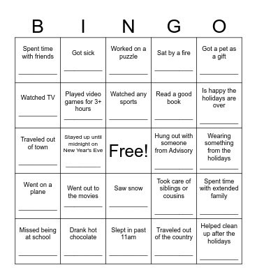 Welcome Back Bingo Card