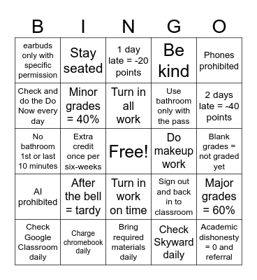 Classroom Expectations Bingo Card