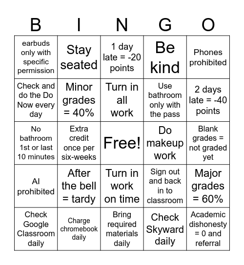 Classroom Expectations Bingo Card