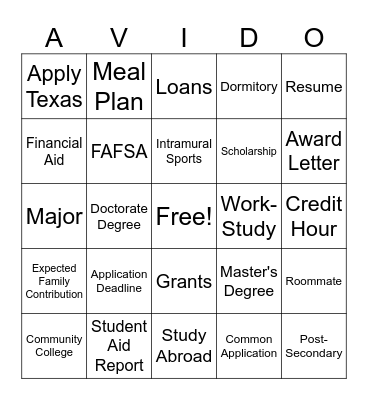 College Vocabulary Bingo Card