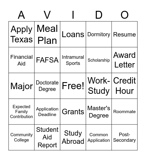 College Vocabulary Bingo Card