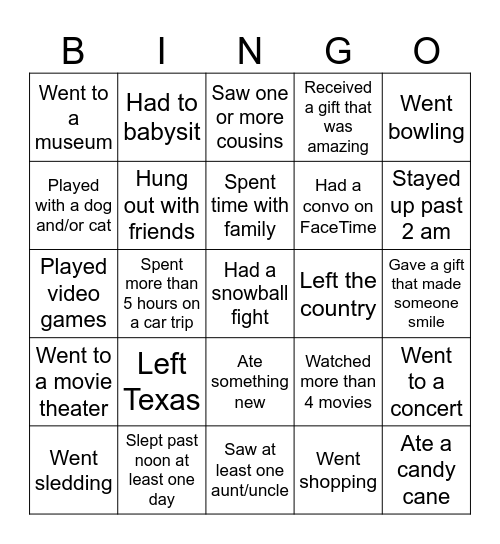 Over winter break...Find someone who.... Bingo Card