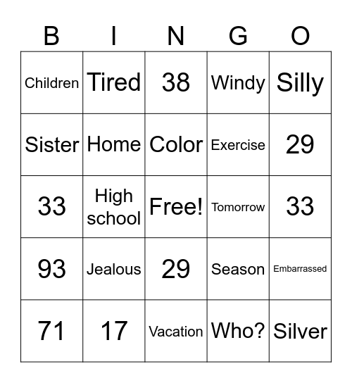Numbers Bingo Card