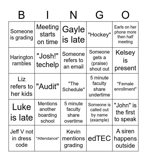 Faculty Meeting Bingo Card