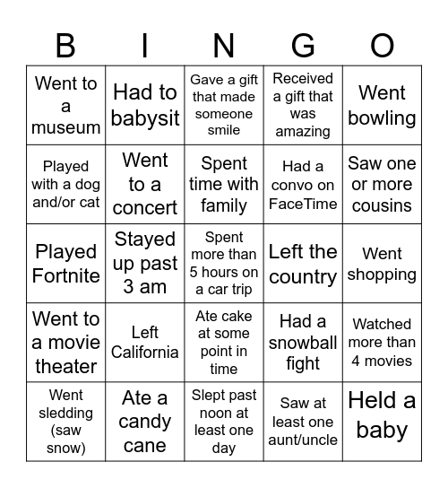 Over winter break...Find someone who.... Bingo Card