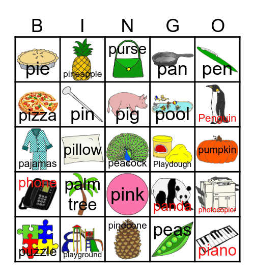 Letter P Bingo Card