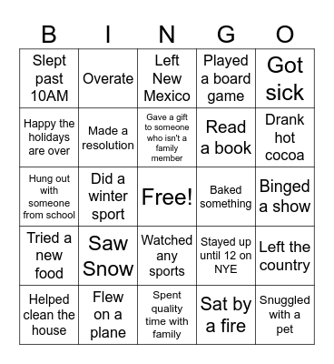Winter Break Bingo Card