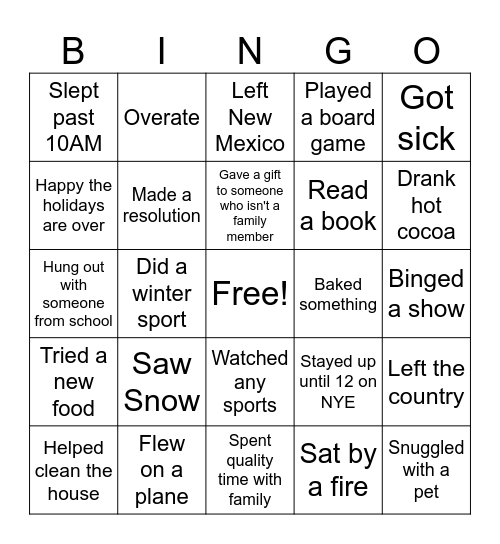 Winter Break Bingo Card
