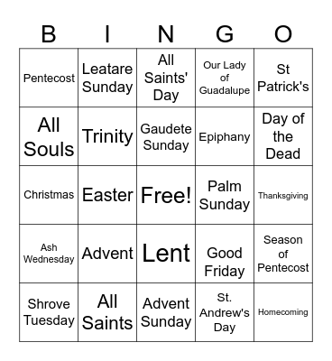 Christian Calendar Bingo Card