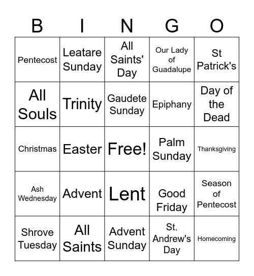 Christian Calendar Bingo Card