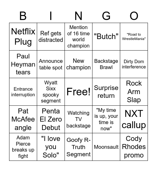 RAW on NETFLIX Bingo Card