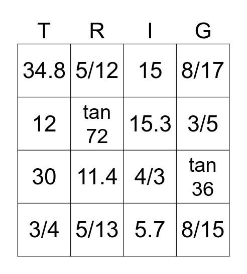 Right Triangle Trigonometry Bingo Card