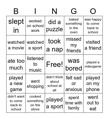 ML Winter Break Bingo Card