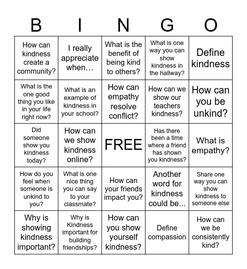 Kindness Bingo Card