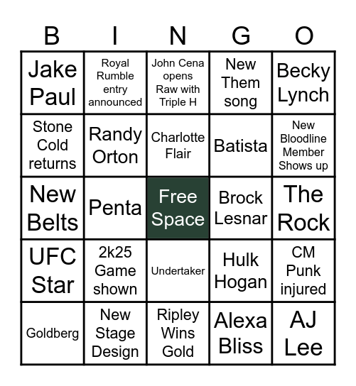 WWE 2024 Bingo Card