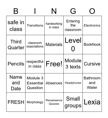 Back to School Bingo Card