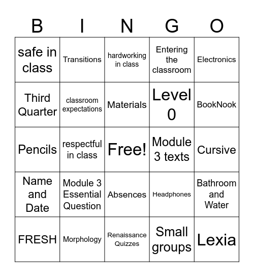 Back to School Bingo Card